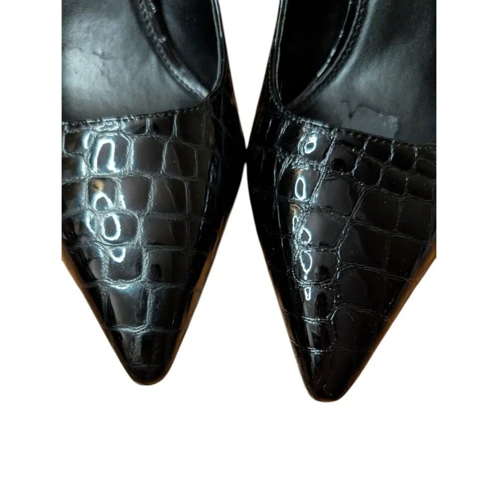 Vince Camuto Black Croc Embossed Leather Pointed Toe Block Heel Pumps Size 9M